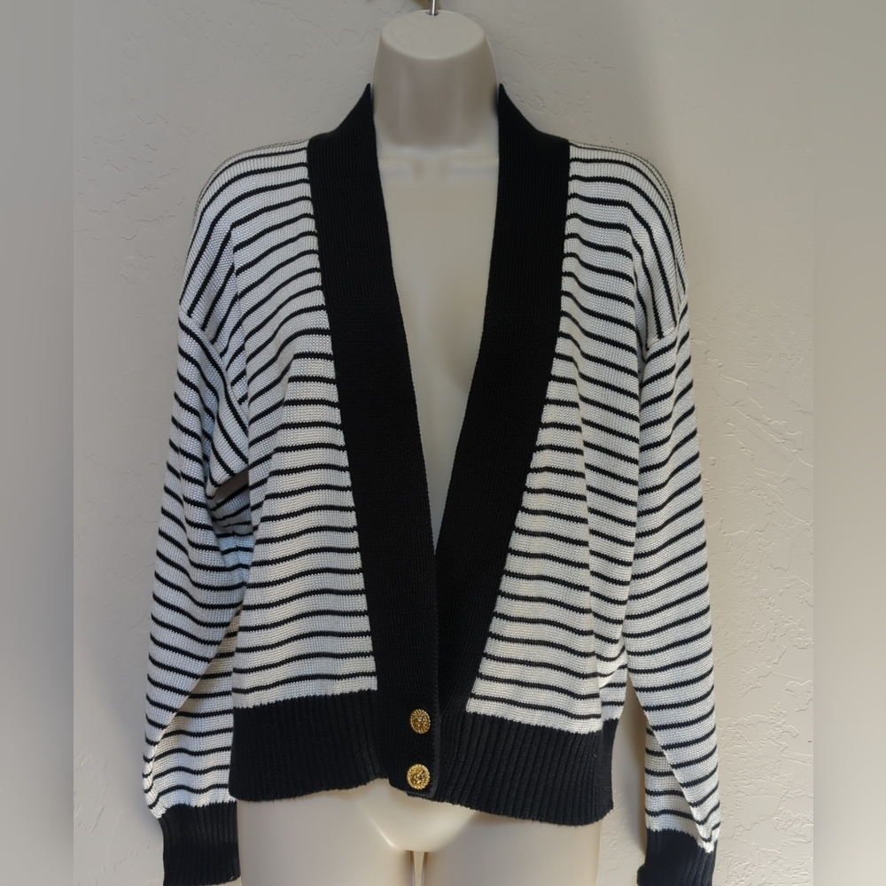 Vintage Fia Italia Handloom Cardigan Gold Button Striped Sz S Black White